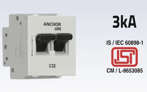 Anchor Penta Modular 10A Double Pole C Curve White UNO Mini Modular MCB, 65990 (Pack of 6)
