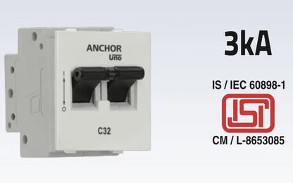 Anchor Ziva 6A Double Pole C Curve Mini Modular MCB, 68989B, Breaking Capacity: 3 kA (Pack of 12)